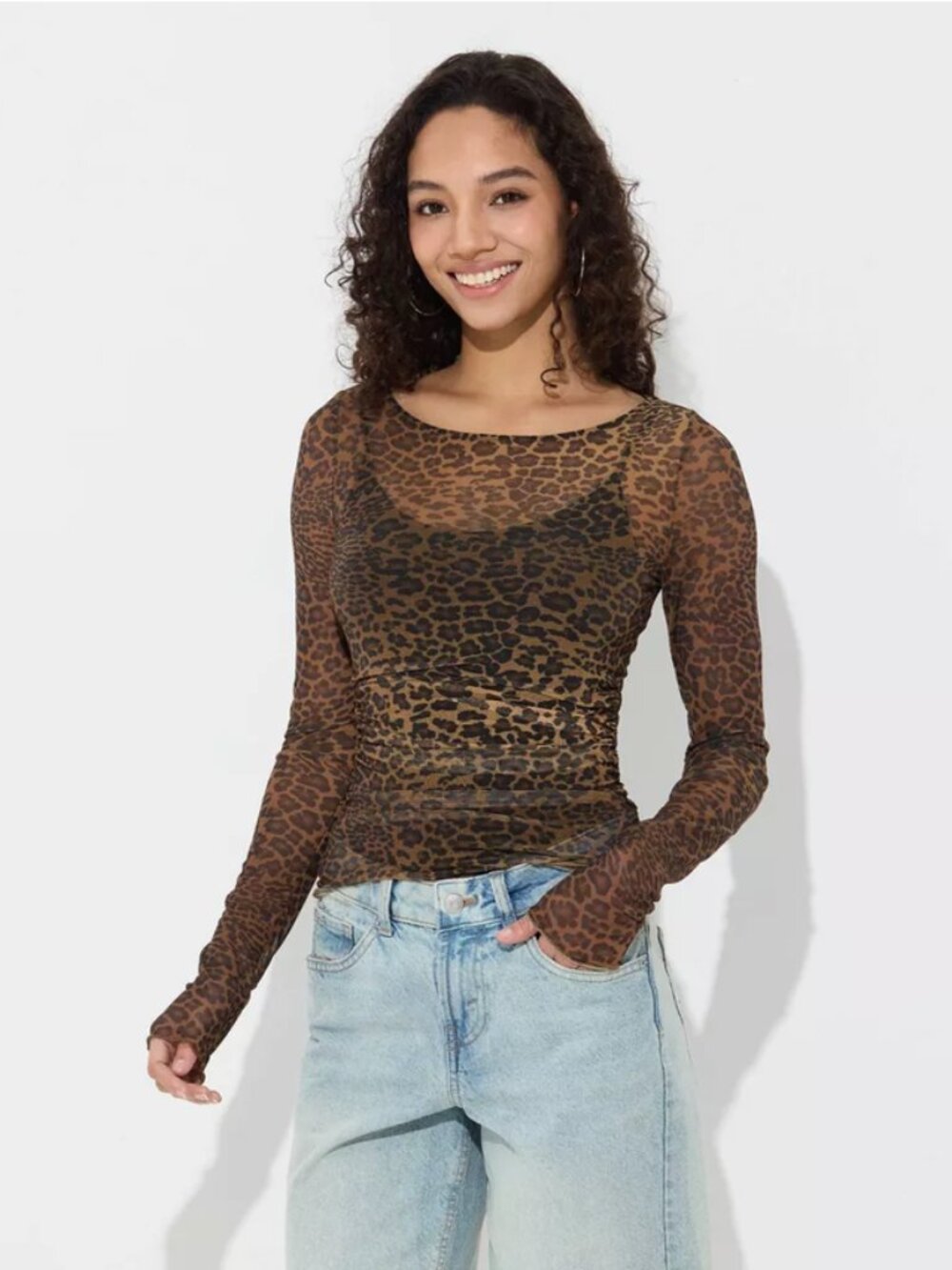 wild fable Brown Leopard-Print Long Sleeve Mesh Top